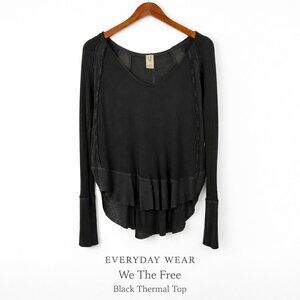 We The Free Black Thermal Peplum Top Raw Hem Waffle Knit S